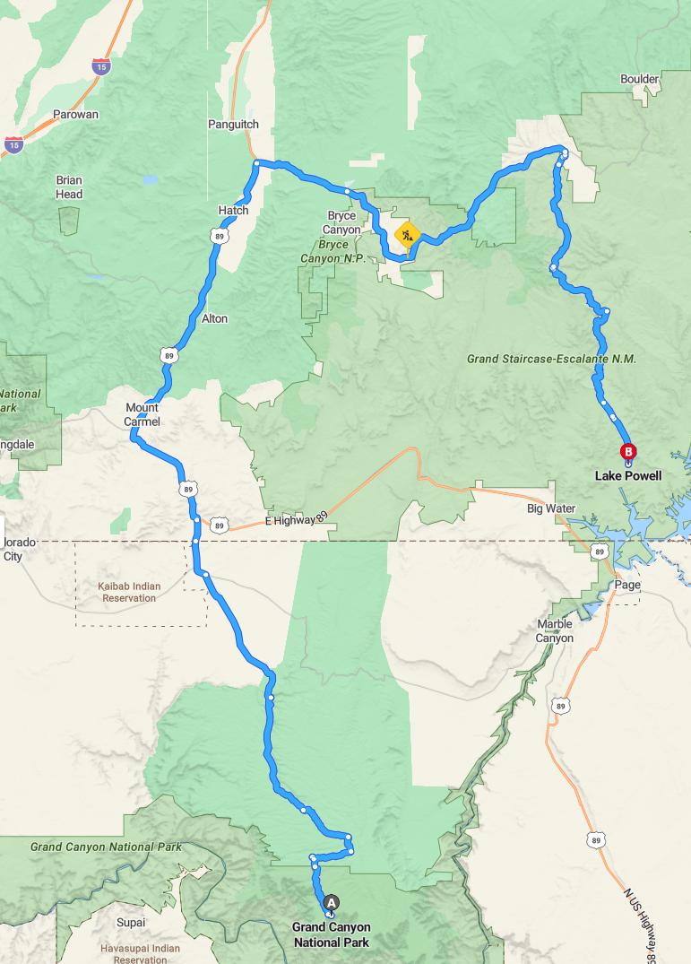 driving from Grand Canyon, Arizona to Lake PowellArizona - map and route