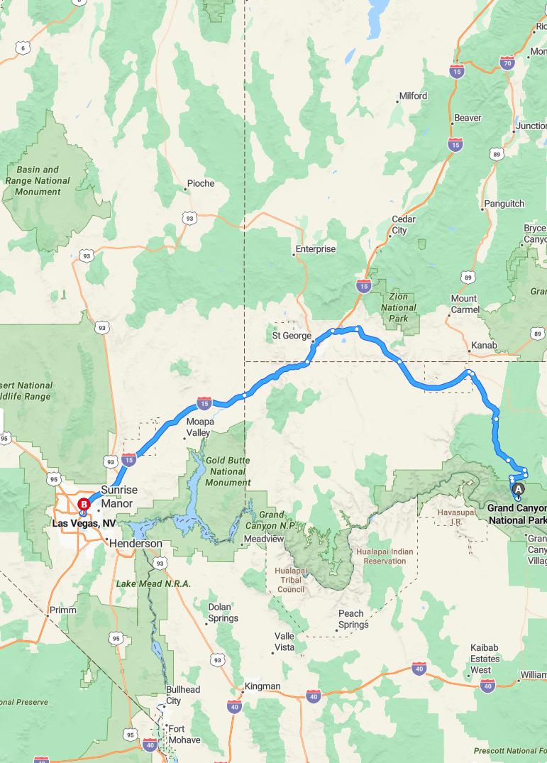 driving from Grand Canyon, Arizona to Las VegasNevada - map and route