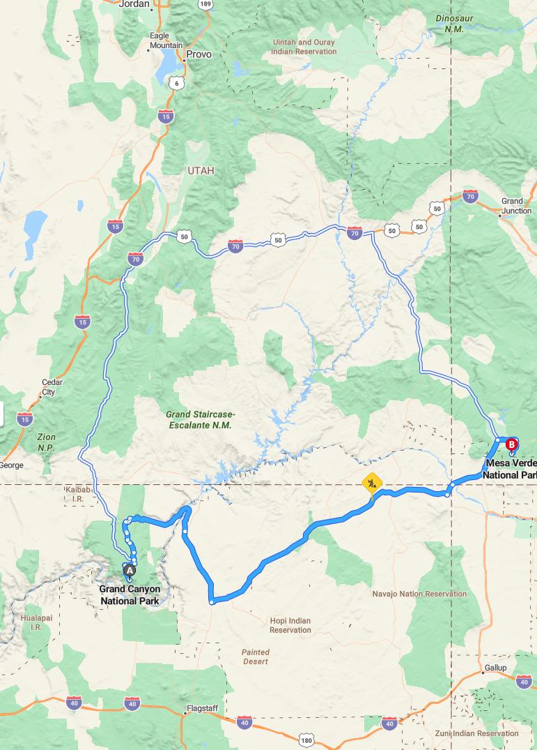 driving from Grand Canyon, Arizona to Mesa VerdeColorado - map and route
