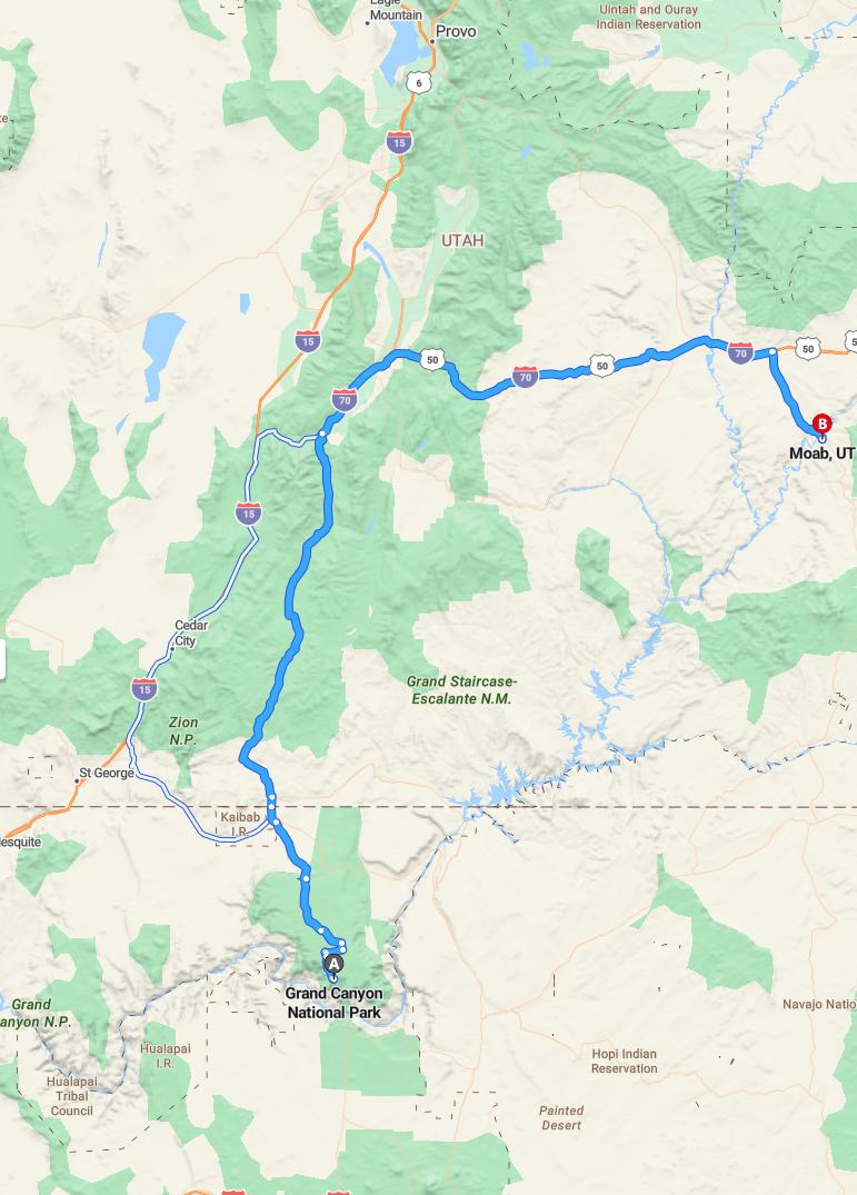 driving from Grand Canyon, Arizona to MoabUtah - map and route