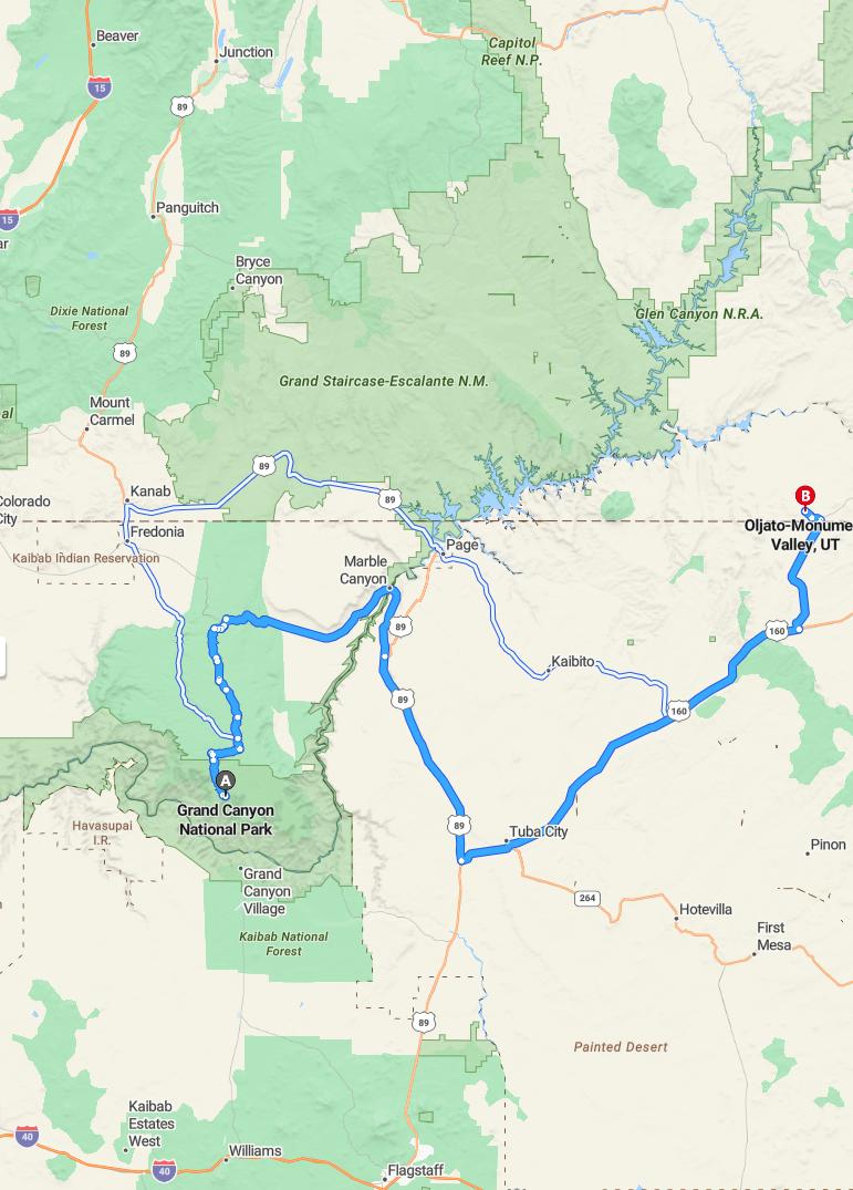 driving from Grand Canyon, Arizona to Monument ValleyUtah - map and route