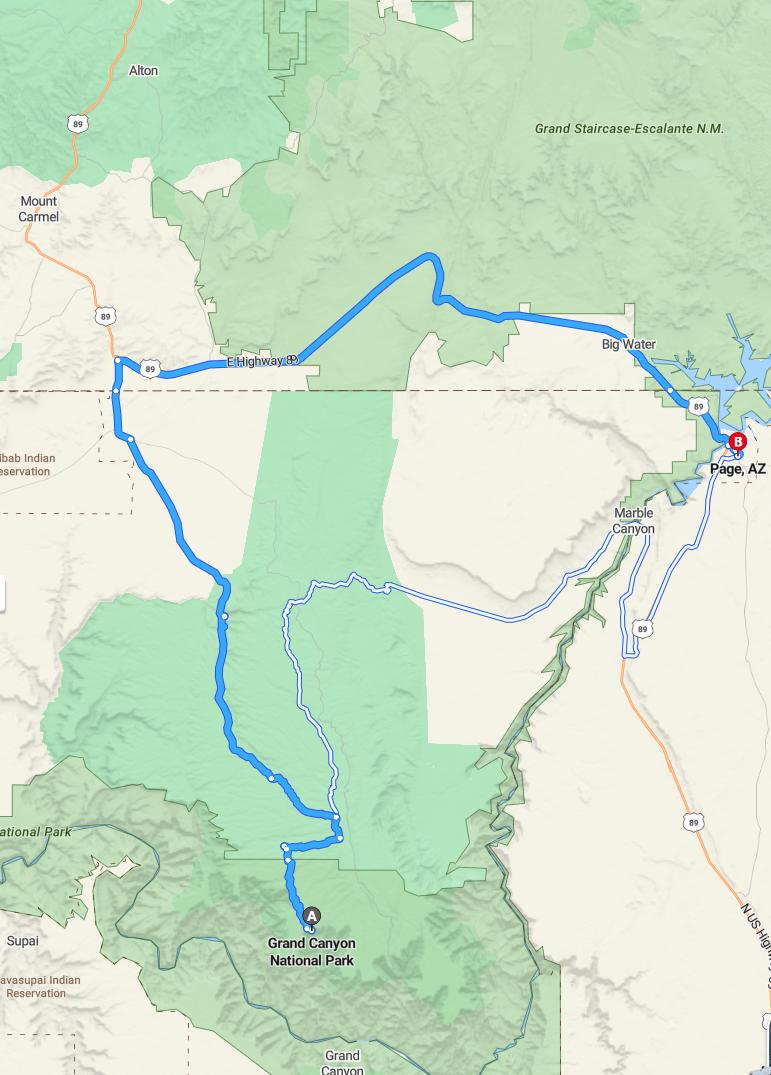driving from Grand Canyon, Arizona to PageArizona - map and route