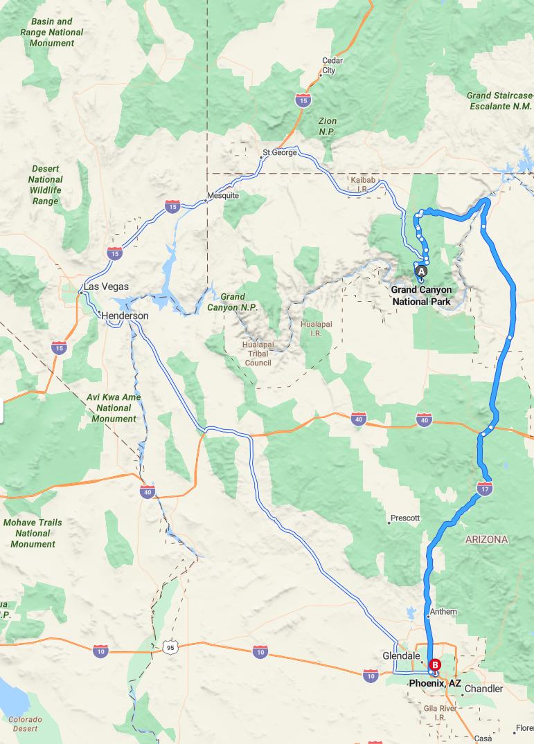 driving from Grand Canyon, Arizona to PhoenixArizona - map and route