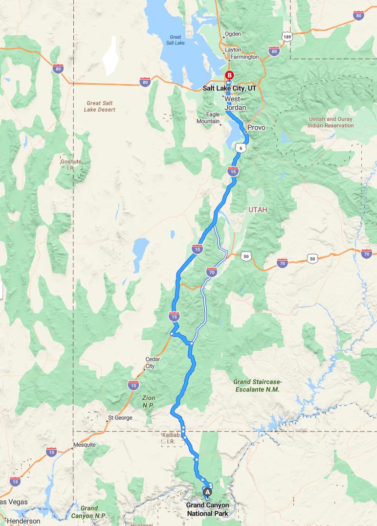 driving from Grand Canyon, Arizona to Salt Lake CityUtah - map and route