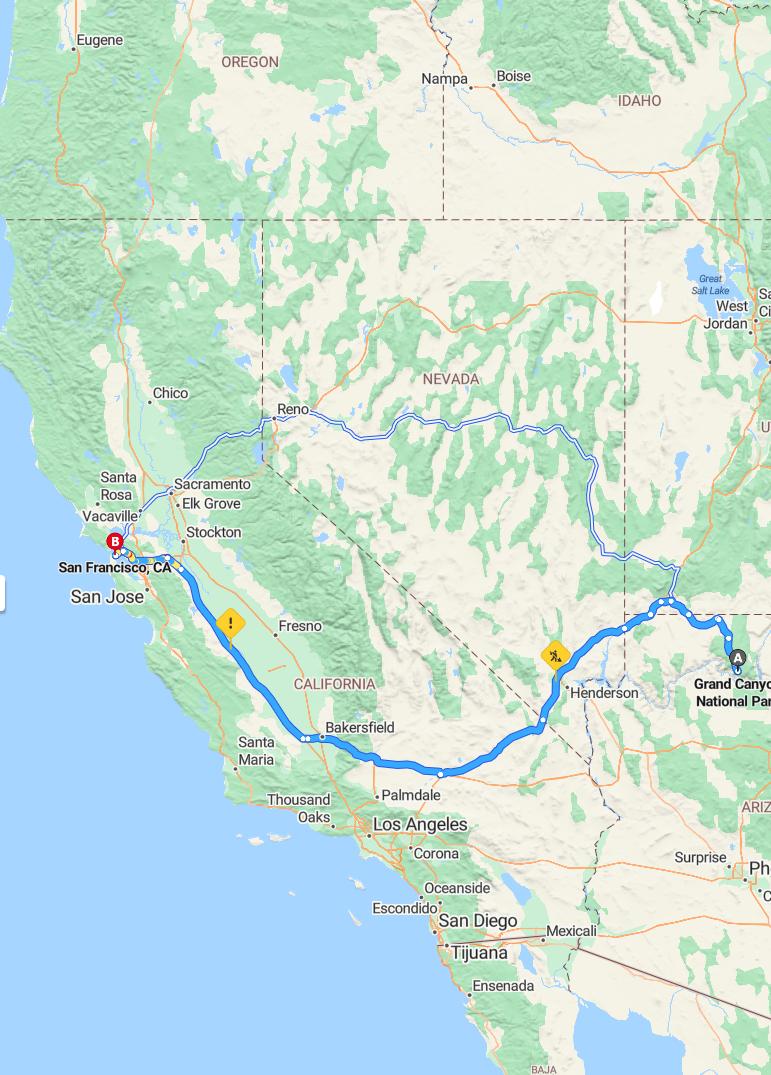driving from Grand Canyon, Arizona to San FranciscoCalifornia - map and route