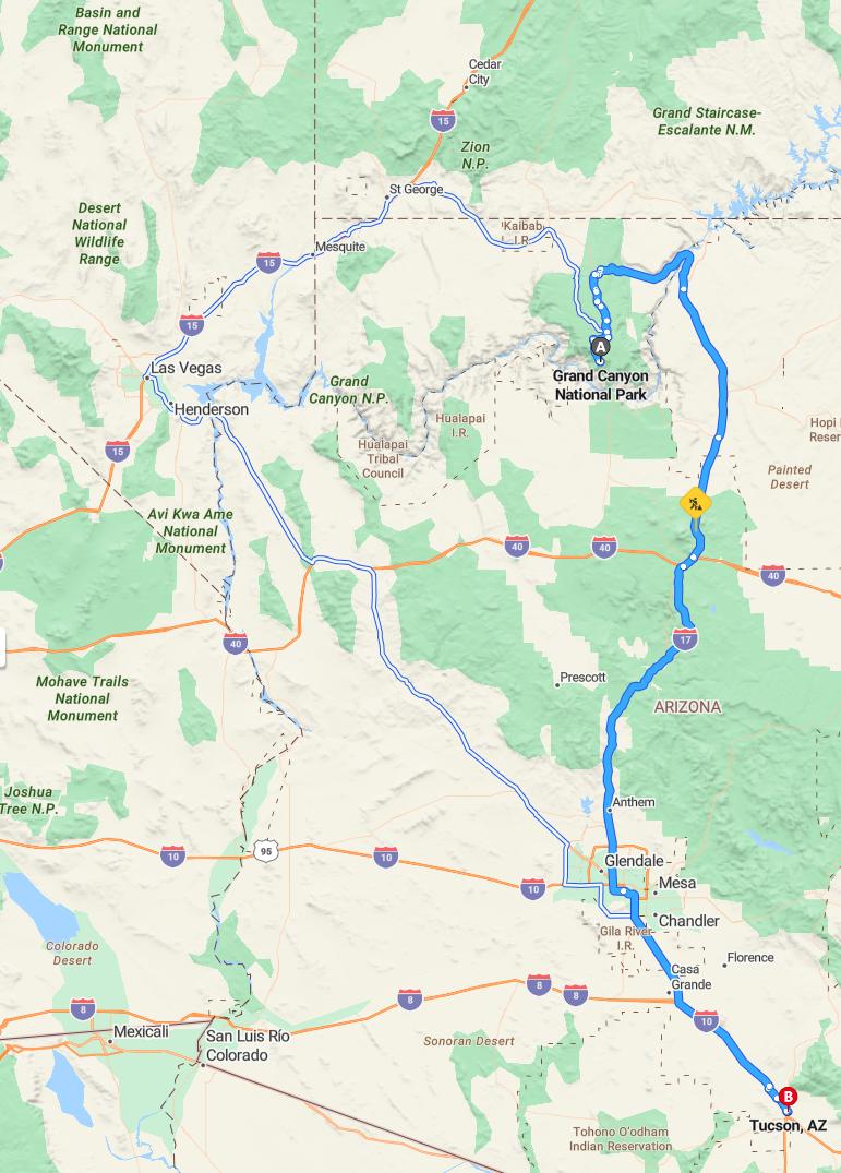 driving from Grand Canyon, Arizona to TucsonArizona - map and route