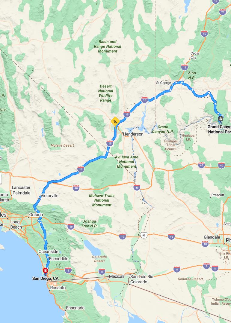 driving from Grand Canyon South Rim, Arizona to San DiegoCalifornia - map and route