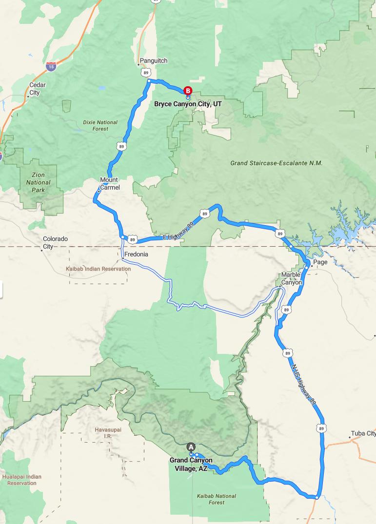 driving from Grand Canyon Village, Arizona to Bryce Canyon CityUtah - map and route