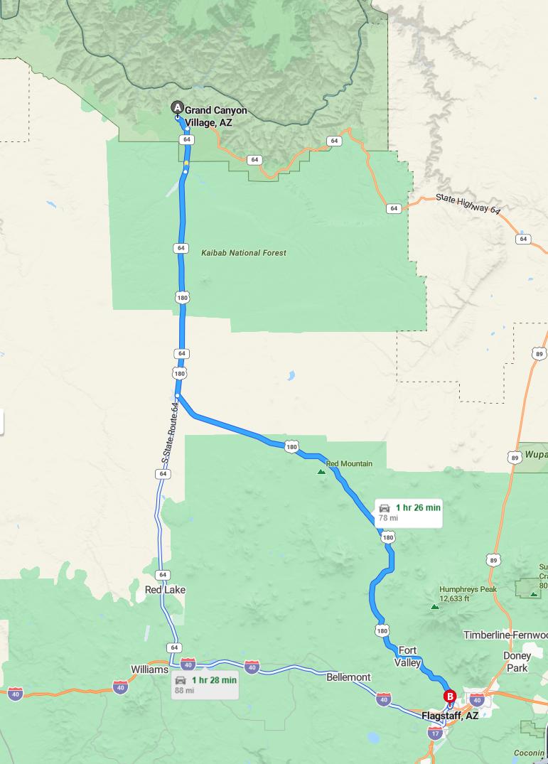 driving from Grand Canyon Village, Arizona to FlagstaffArizona - map and route