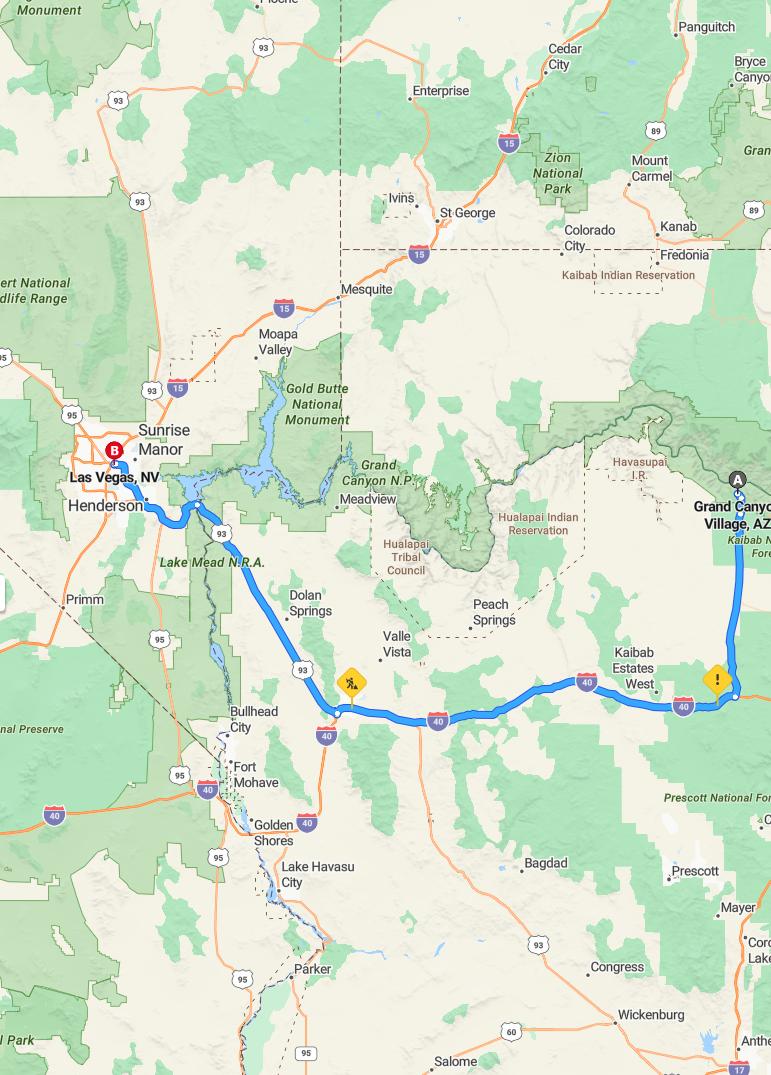 driving from Grand Canyon Village, Arizona to Las VegasNevada - map and route