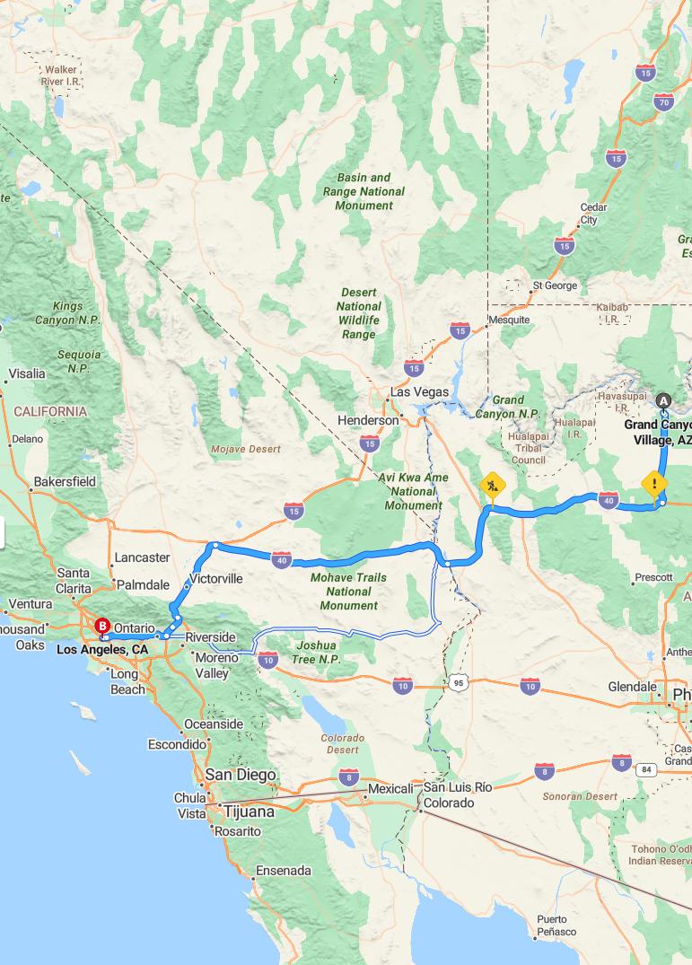 driving from Grand Canyon Village, Arizona to Los AngelesCalifornia - map and route