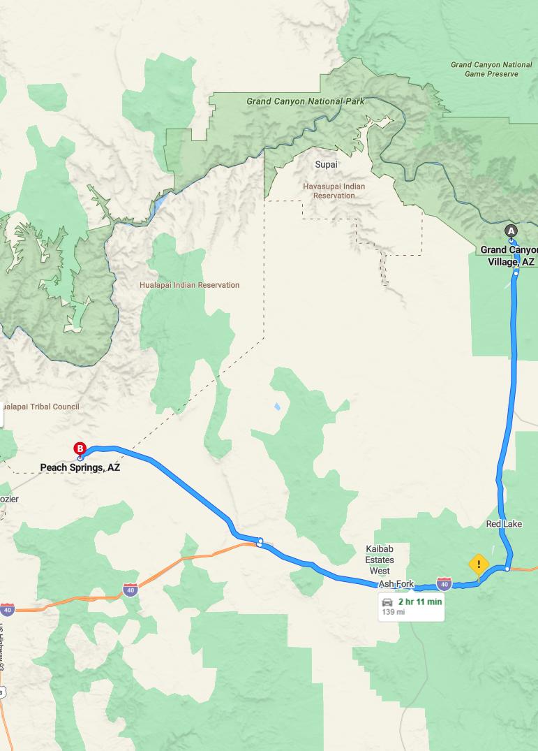 driving from Grand Canyon Village, Arizona to Peach SpringsArizona - map and route