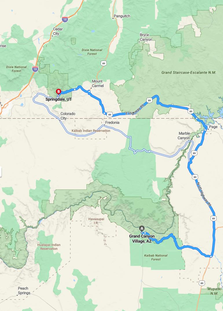 driving from Grand Canyon Village, Arizona to SpringdaleUtah - map and route