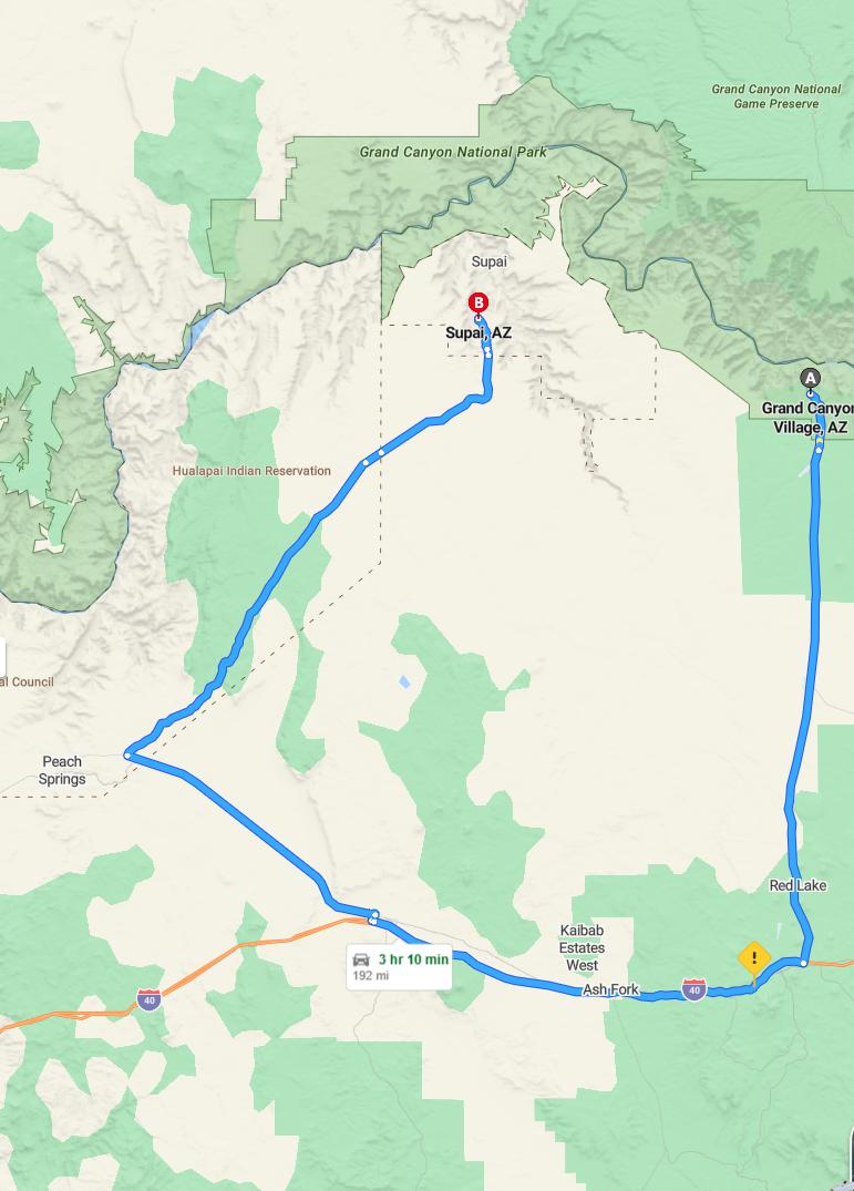 driving from Grand Canyon Village, Arizona to SupaiArizona - map and route
