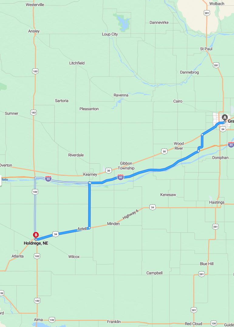 driving from Grand Island, Nebraska to HoldregeNebraska - map and route