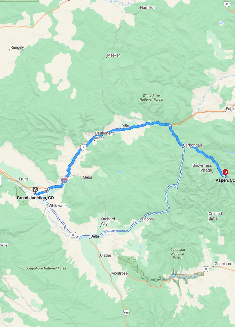 driving from Grand Junction, Colorado to AspenColorado - map and route