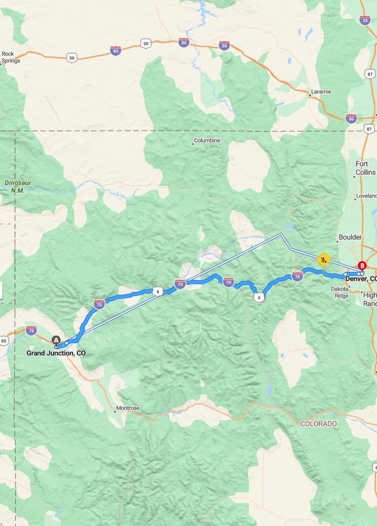 driving from Grand Junction, Colorado to DenverColorado - map and route