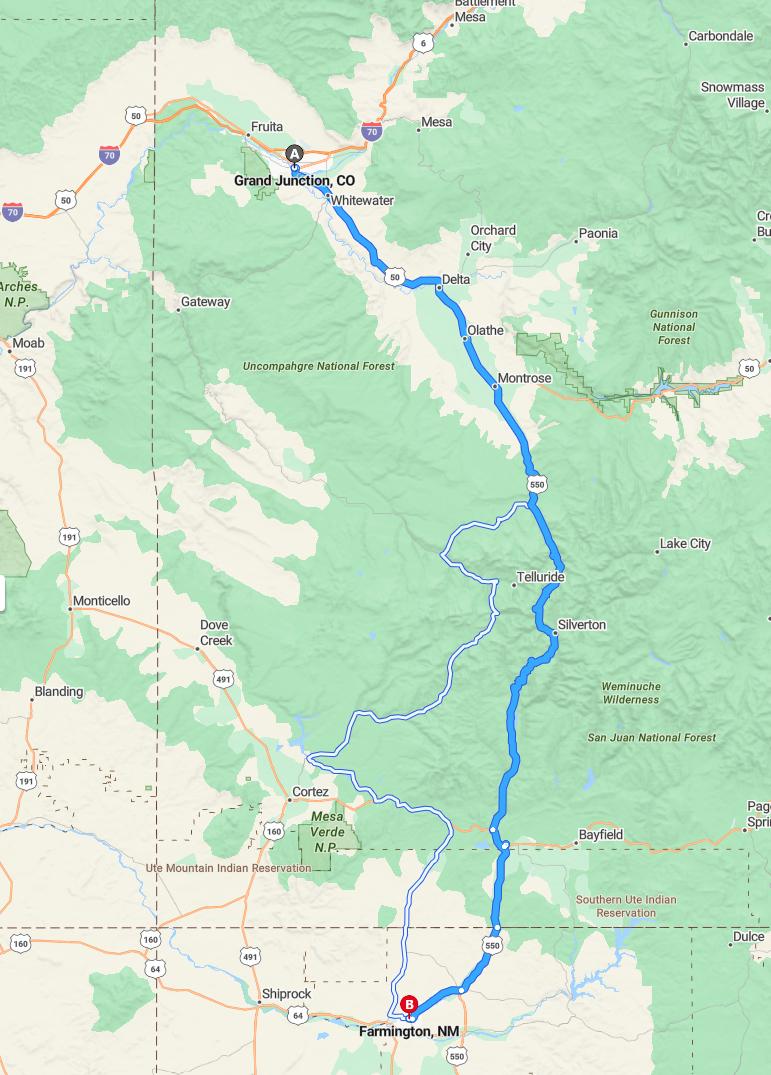 driving from Grand Junction, Colorado to FarmingtonNew Mexico - map and route