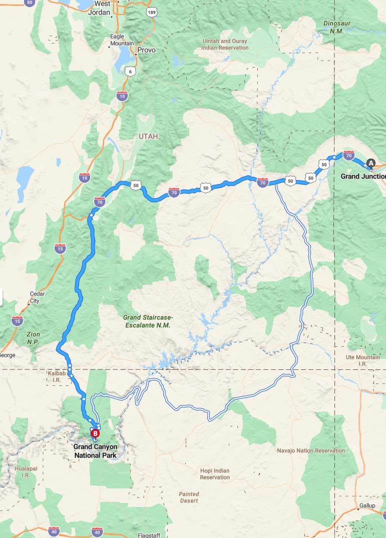 driving from Grand Junction, Colorado to Grand CanyonArizona - map and route