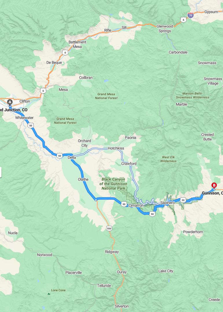 driving from Grand Junction, Colorado to GunnisonColorado - map and route