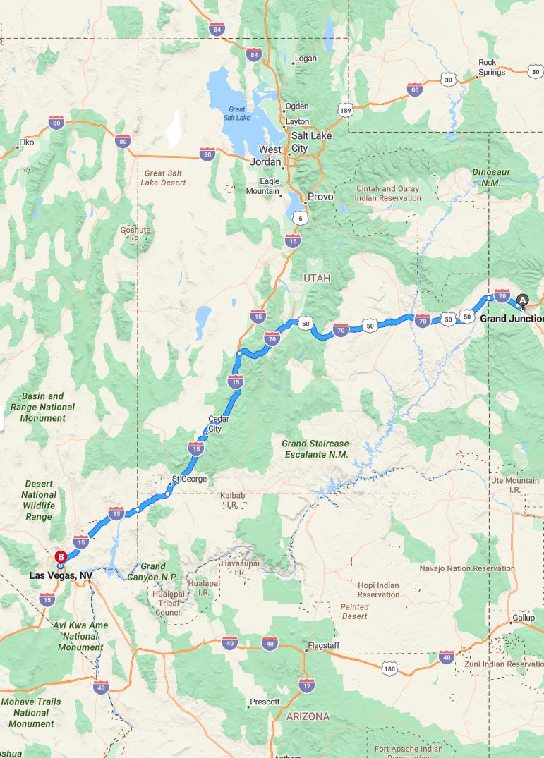 driving from Grand Junction, Colorado to Las VegasNevada - map and route