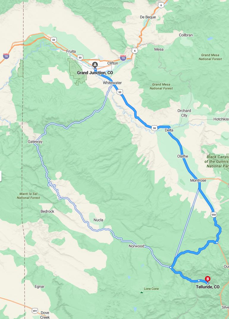 driving from Grand Junction, Colorado to TellurideColorado - map and route