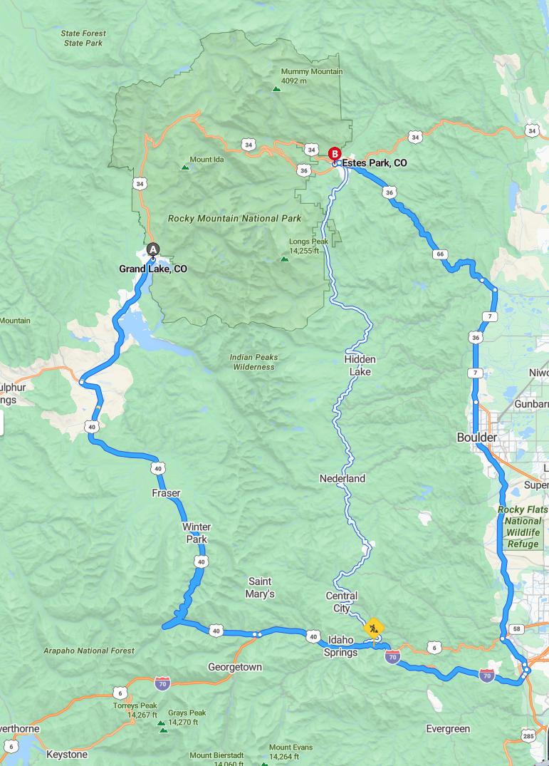 driving from Grand Lake, Colorado to Estes ParkColorado - map and route