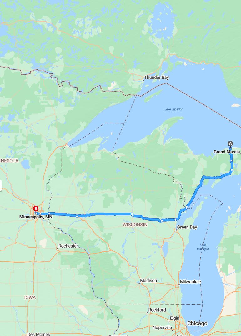driving from Grand Marais, Michigan to MinneapolisMinnesota - map and route