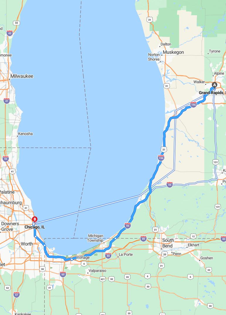 driving from Grand Rapids, Michigan to ChicagoIllinois - map and route