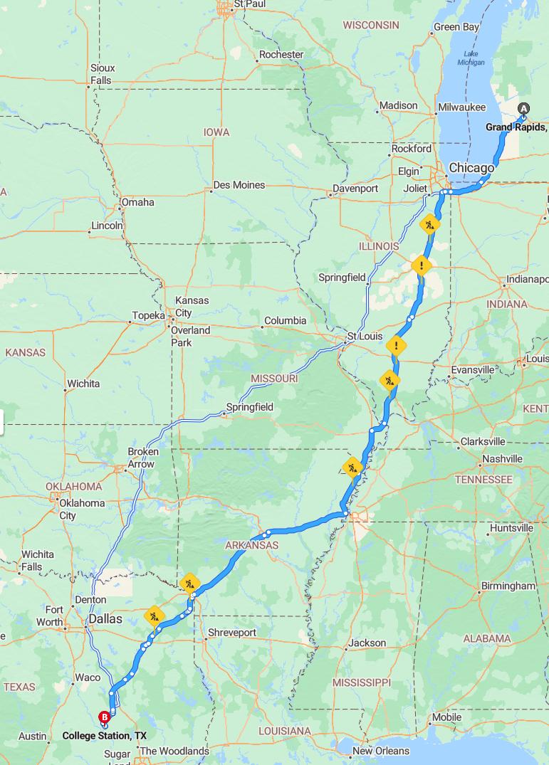 driving from Grand Rapids, Michigan to College StationTexas - map and route