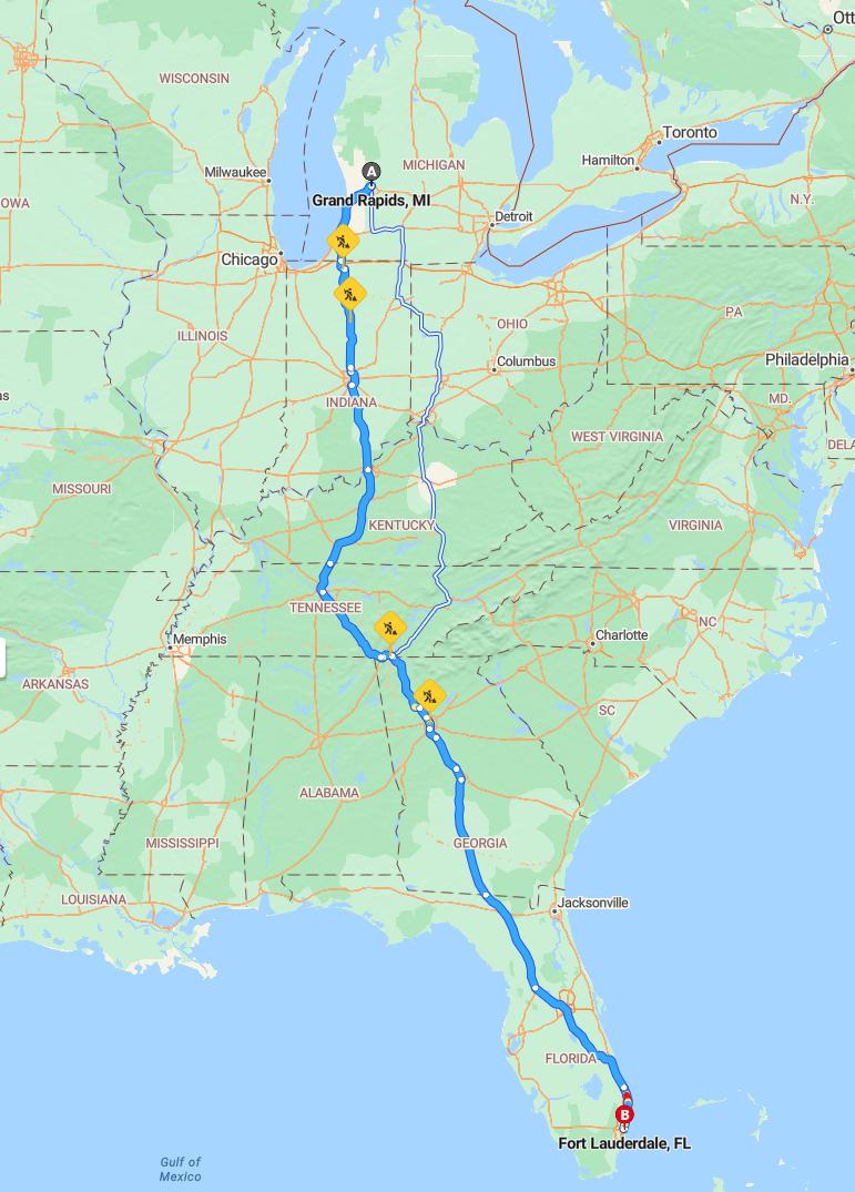 driving from Grand Rapids, Michigan to Fort LauderdaleFlorida - map and route
