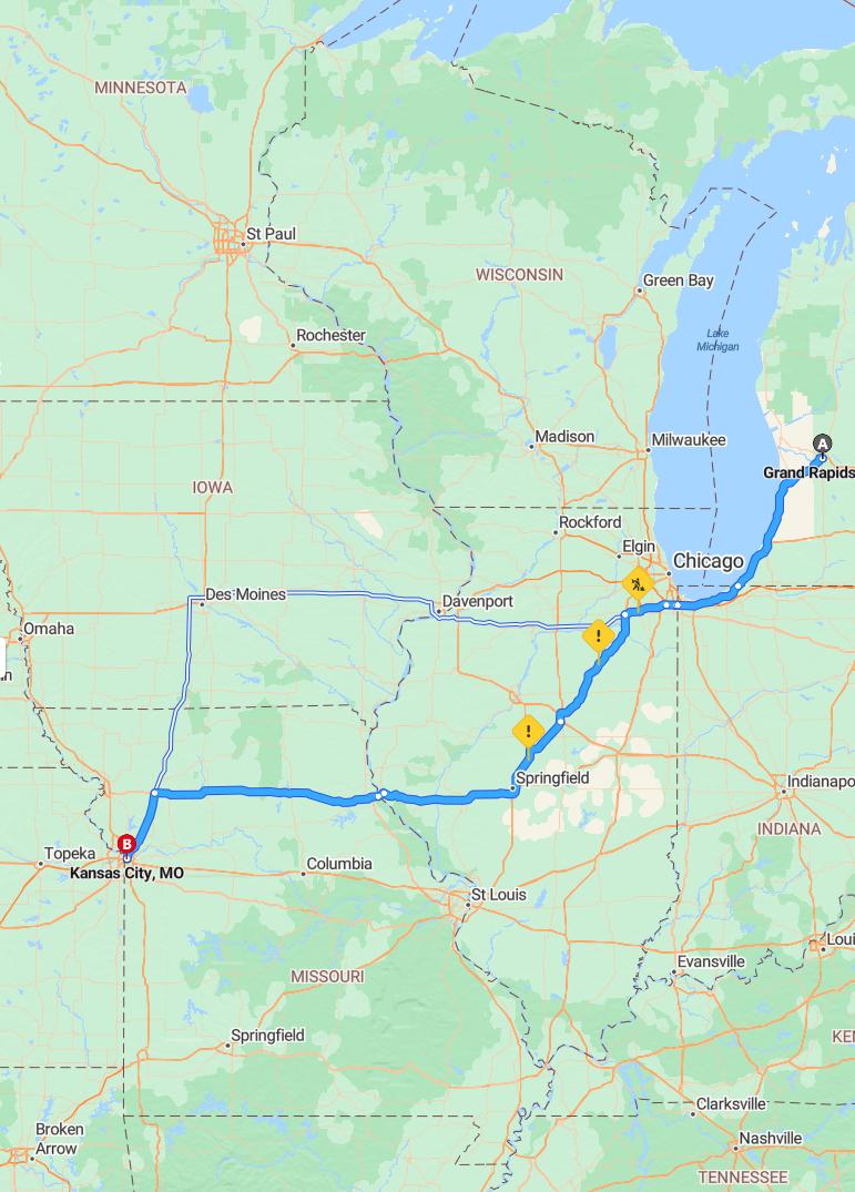 driving from Grand Rapids, Michigan to Kansas CityMissouri - map and route