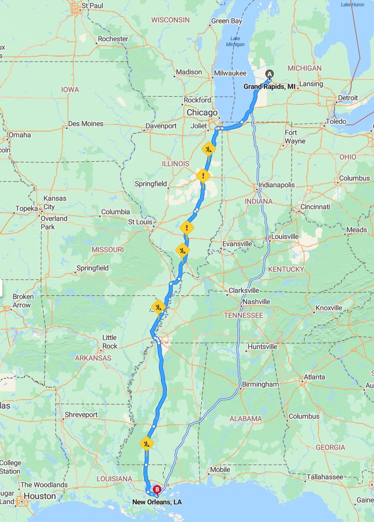 driving from Grand Rapids, Michigan to New OrleansLouisiana - map and route
