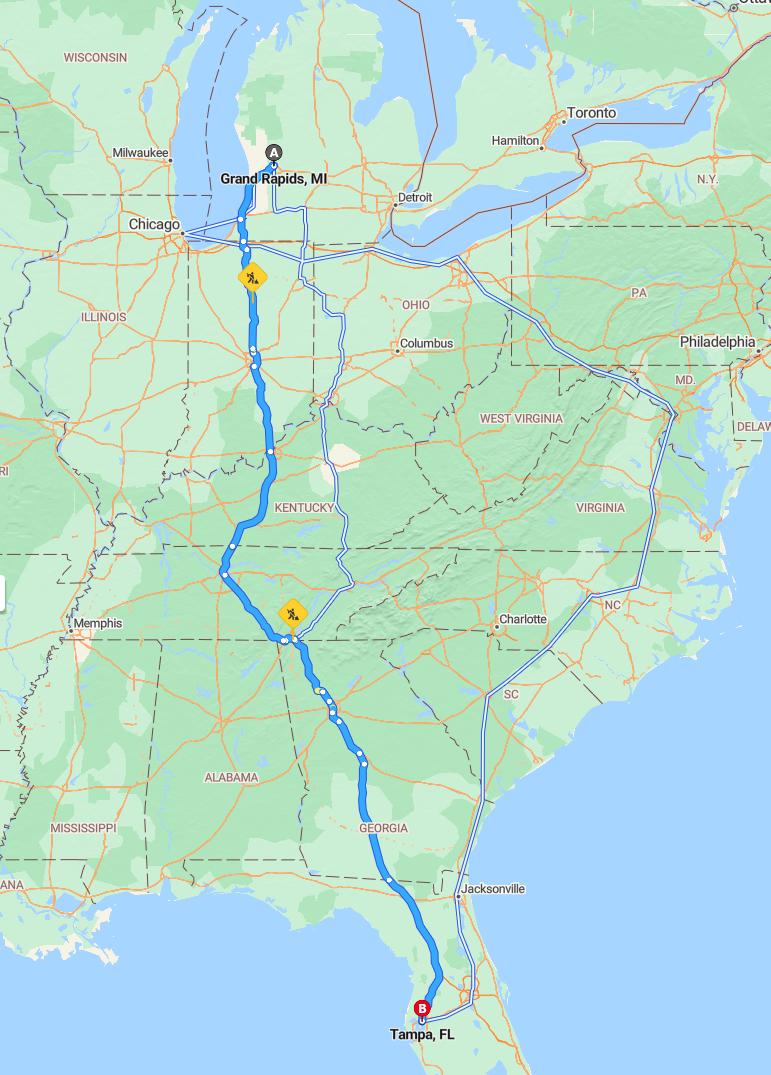 driving from Grand Rapids, Michigan to TampaFlorida - map and route