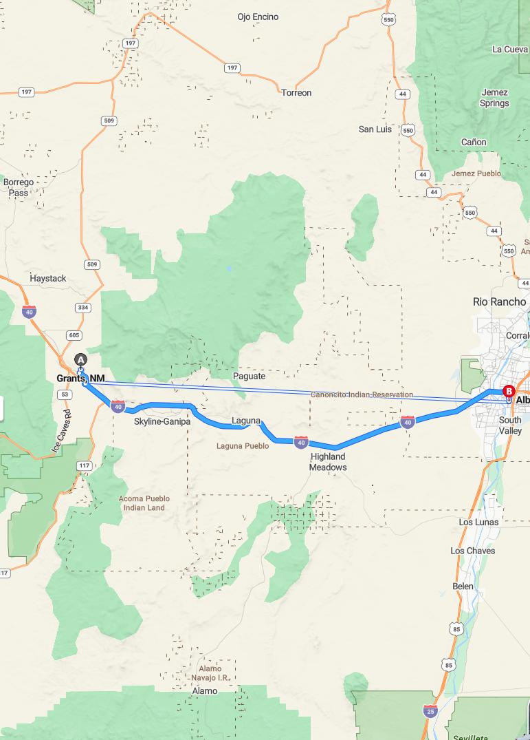 driving from Grants, New Mexico to AlbuquerqueNew Mexico - map and route