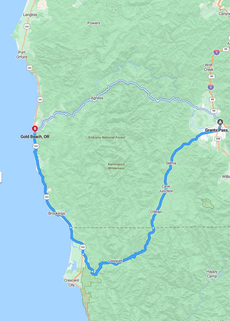 driving from Grants Pass, Oregon to Gold BeachOregon - map and route