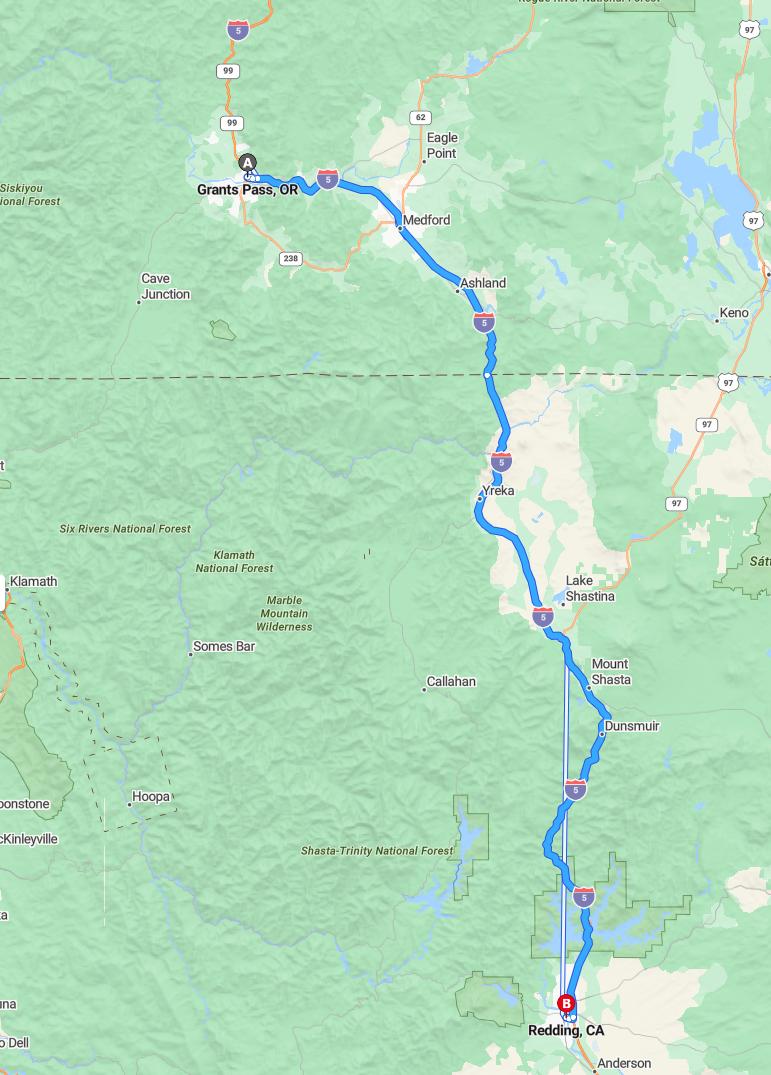 driving from Grants Pass, Oregon to ReddingCalifornia - map and route