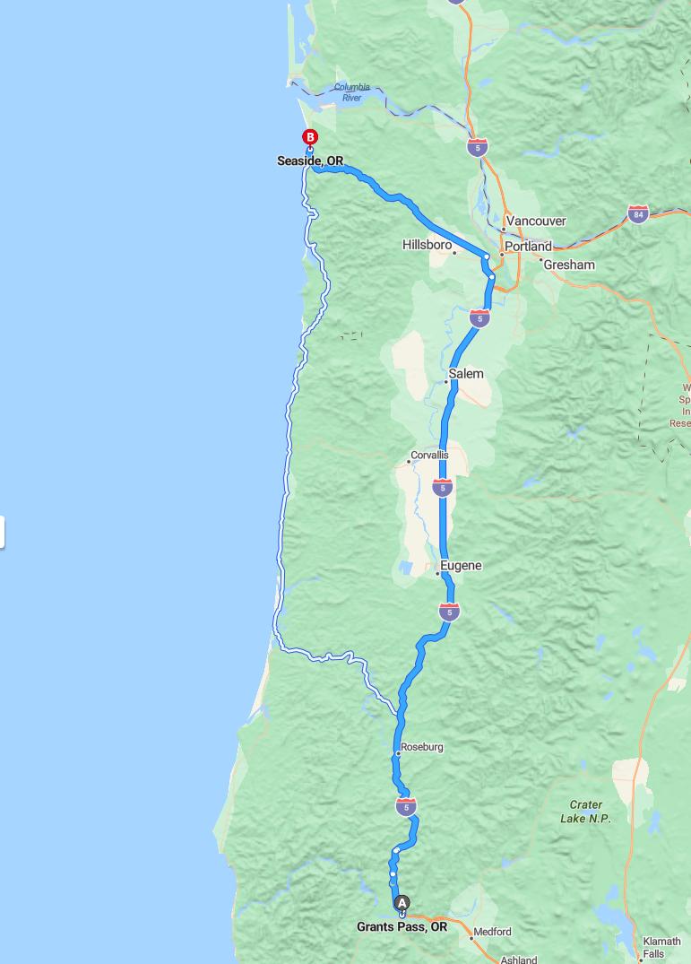 driving from Grants Pass, Oregon to SeasideOregon - map and route