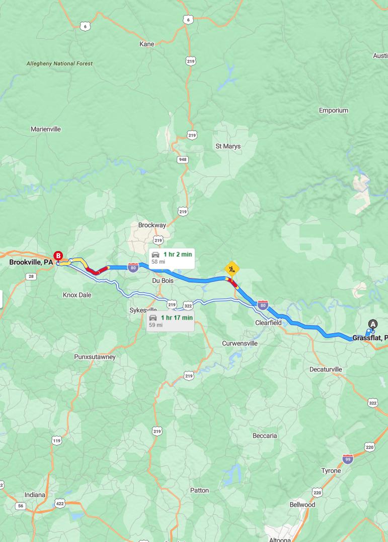 driving from Grassflat, Pennsylvania to BrookvillePennsylvania - map and route