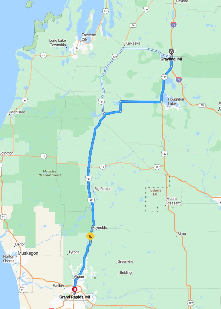 driving from Grayling, Michigan to Grand RapidsMichigan - map and route