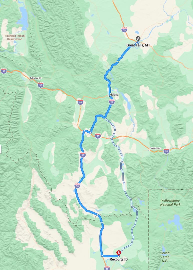 driving from Great Falls, Montana to RexburgIdaho - map and route