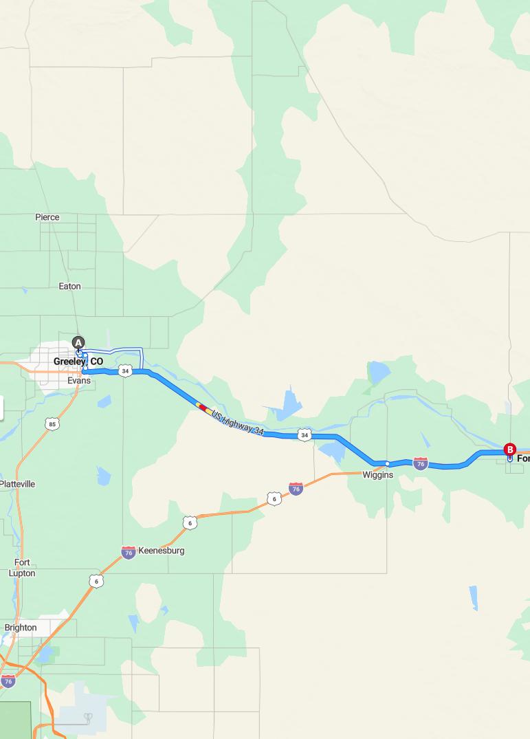 driving from Greeley, Colorado to Fort MorganColorado - map and route