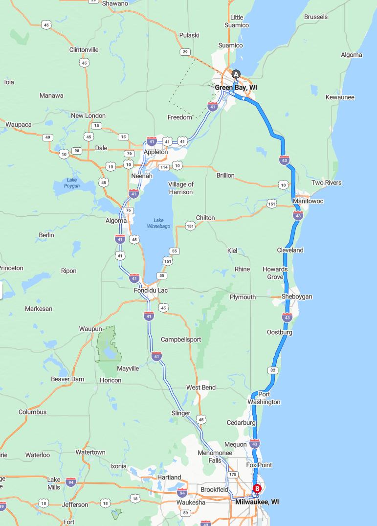 driving from Green Bay, Wisconsin to MilwaukeeWisconsin - map and route