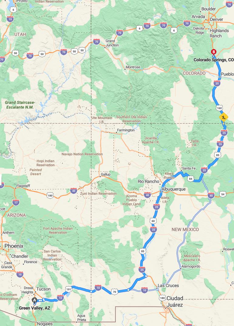 driving from Green Valley, Arizona to Colorado SpringsColorado - map and route