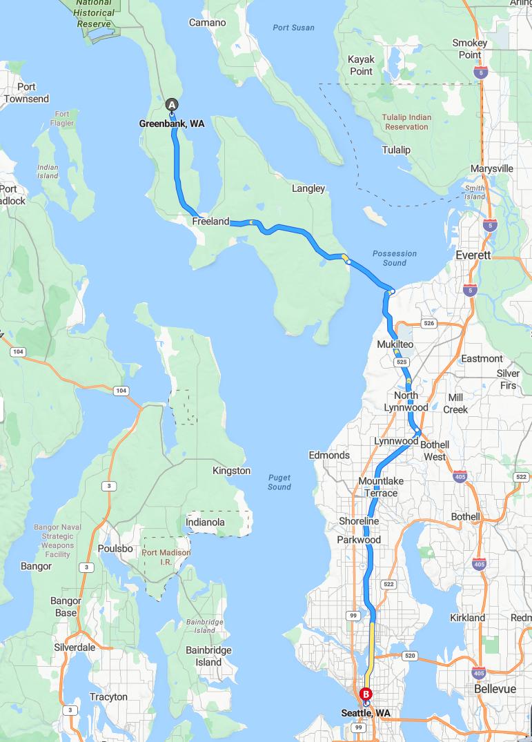driving from Greenbank, Washington to SeattleWashington - map and route