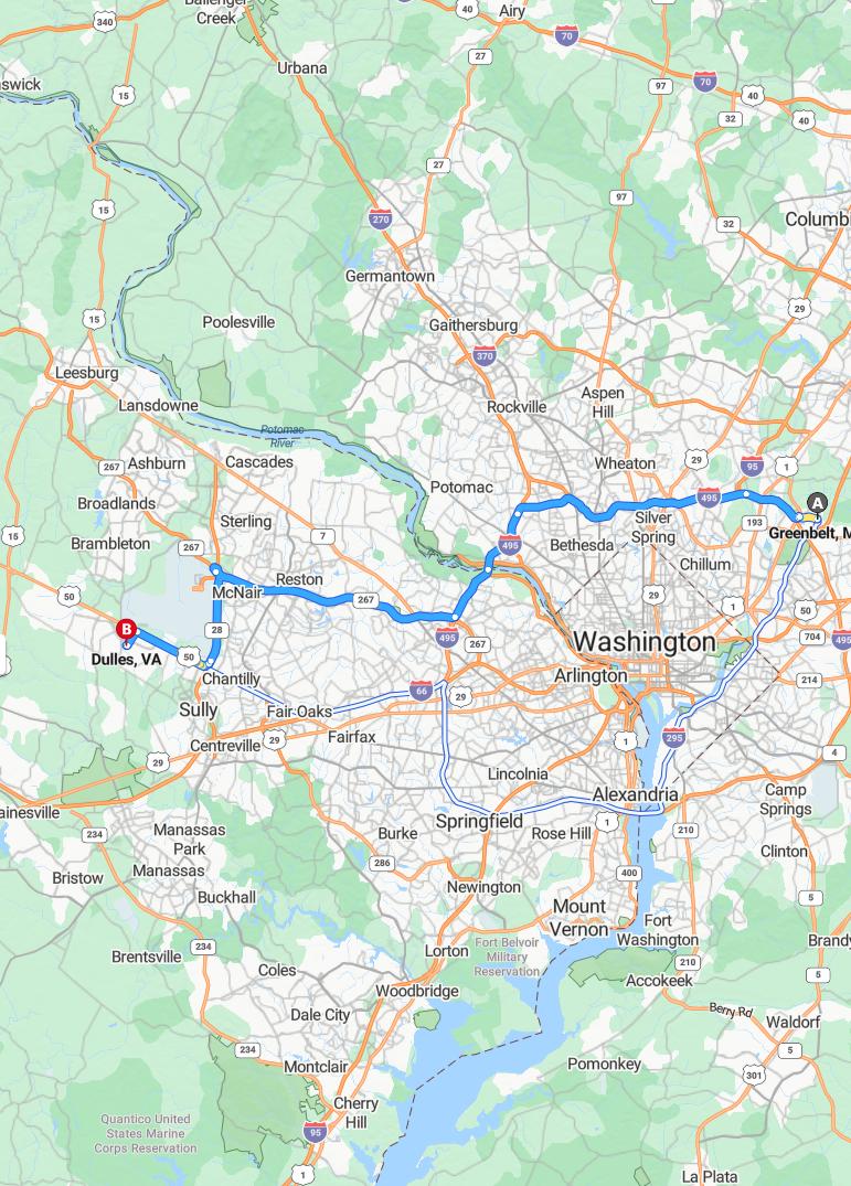 driving from Greenbelt, Maryland to DullesVirginia - map and route