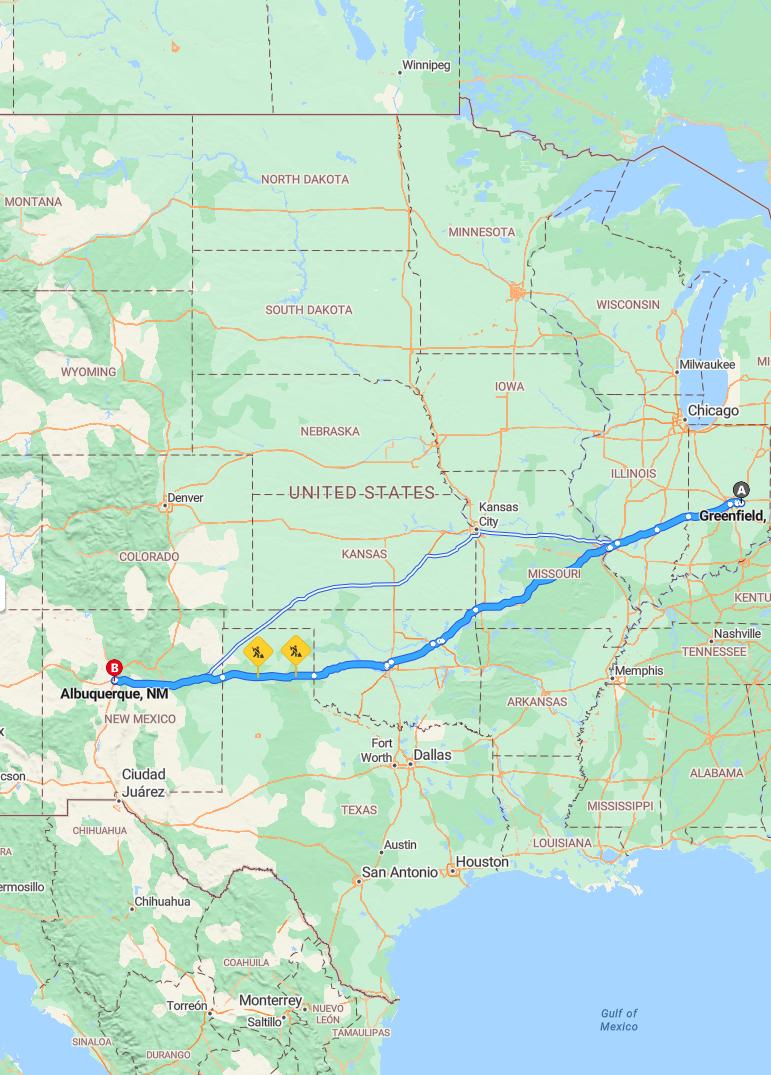 driving from Greenfield, Indiana to AlbuquerqueNew Mexico - map and route