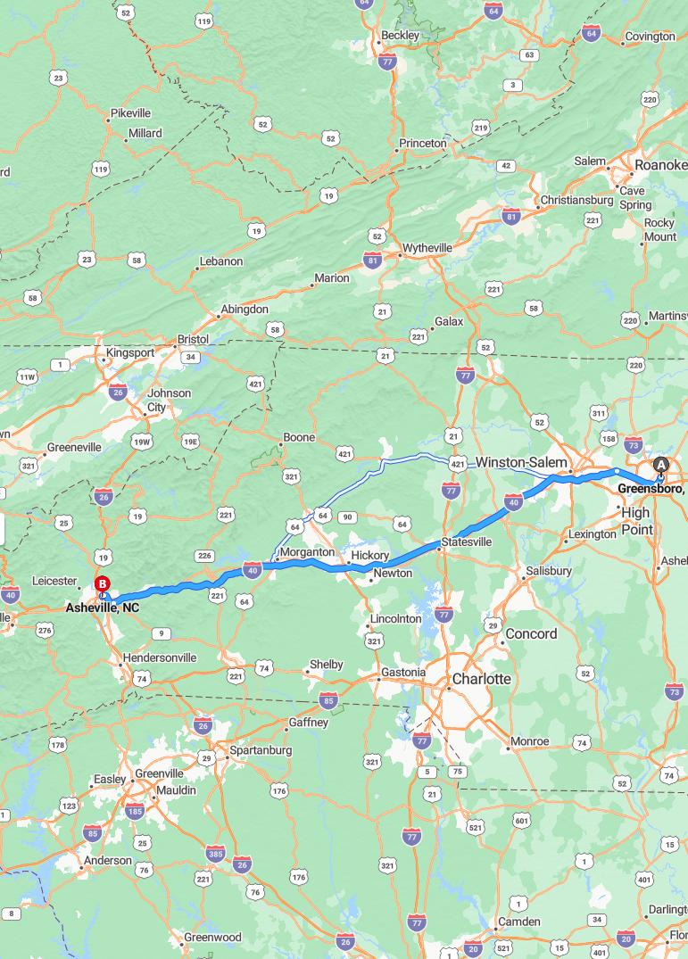 driving from Greensboro, North Carolina to AshevilleNorth Carolina - map and route