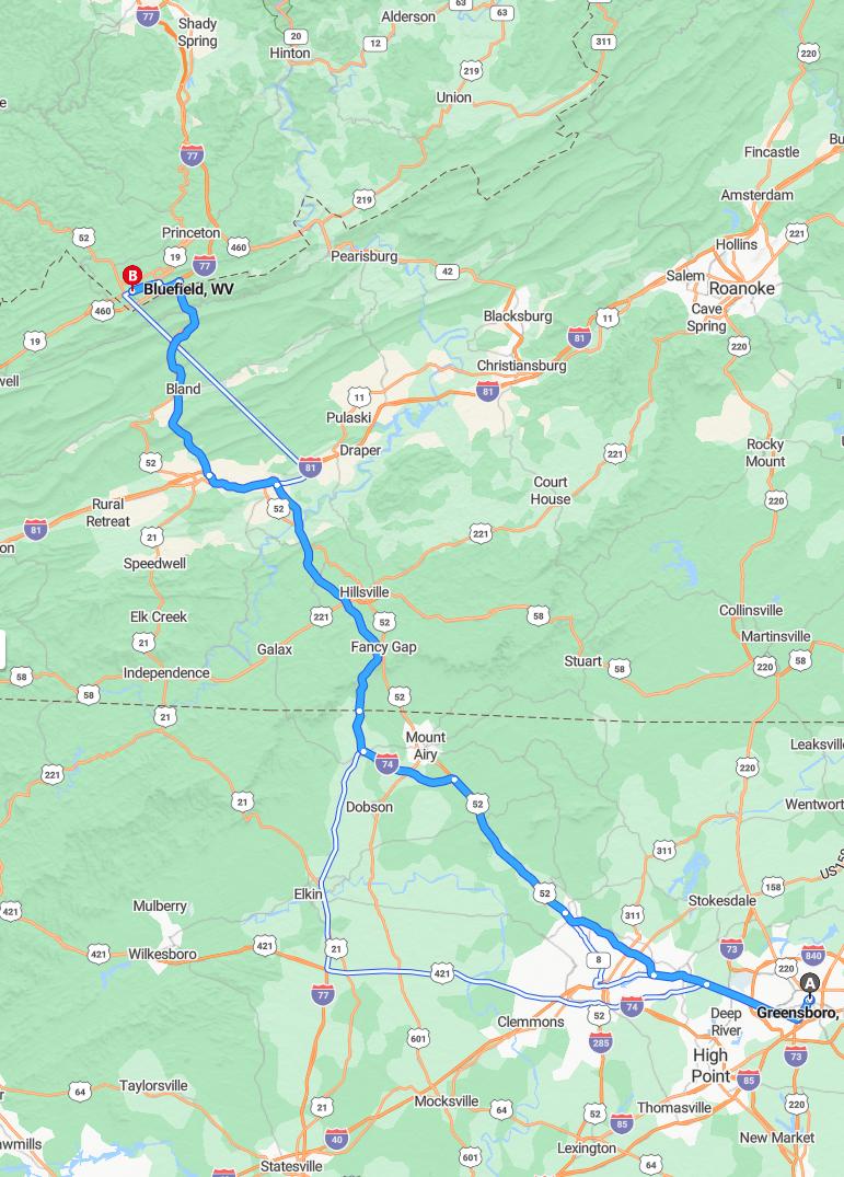 driving from Greensboro, North Carolina to BluefieldWest Virginia - map and route