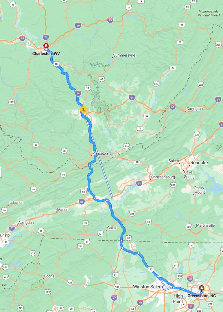 driving from Greensboro, North Carolina to CharlestonWest Virginia - map and route